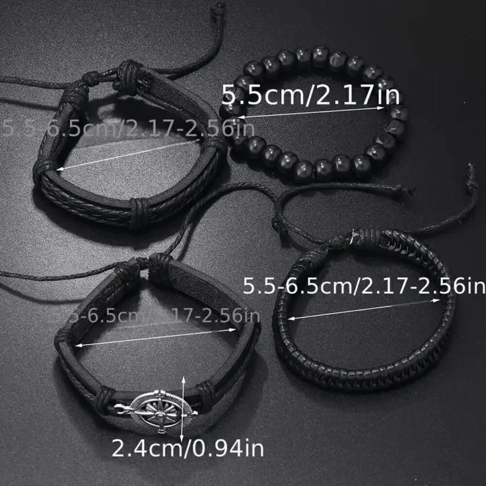 Black Leather Compass Bead Bracelet Set - 4 Piece Set
